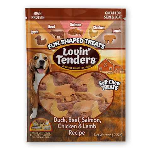 A 9 oz bag of Lovin' Tenders dog treats featuring duck, beef, salmon, chicken, and lamb shaped treats, with a beagle illustration and a heart-shaped window showing the treats inside.