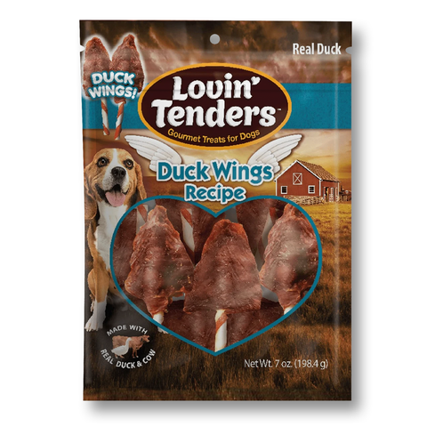 A 7 oz bag of Lovin' Tenders Duck Wings Recipe dog treats, featuring a brown and blue package design with a picture of a beagle and a heart-shaped window showing the duck wing treats inside.