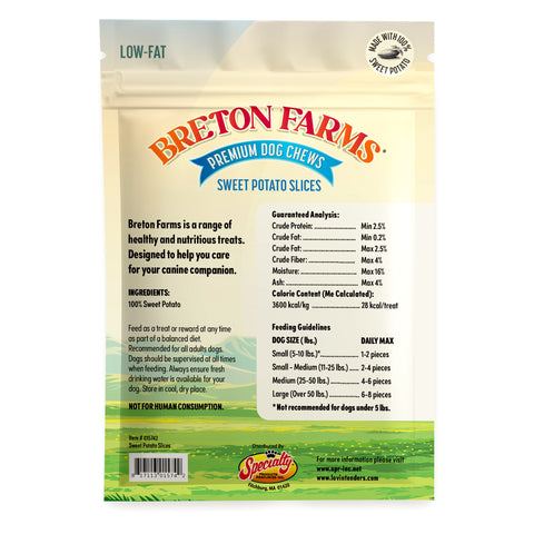 Back of a dog chew bag from Breton Farms, featuring Sweet Potato Slices flavor. The packaging is cream-colored with red and blue branding, and includes a green illustrated grass section at the bottom with a 'Specialty' logo.