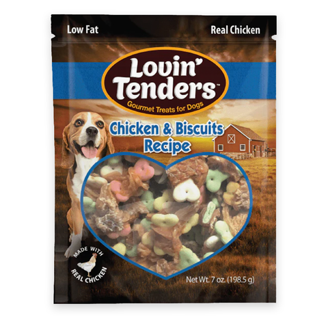 A 7 oz bag of Lovin' Tenders Chicken & Biscuits Recipe dog treats, featuring a beagle on the packaging and a heart-shaped window showing the colorful, irregularly shaped treats inside.
