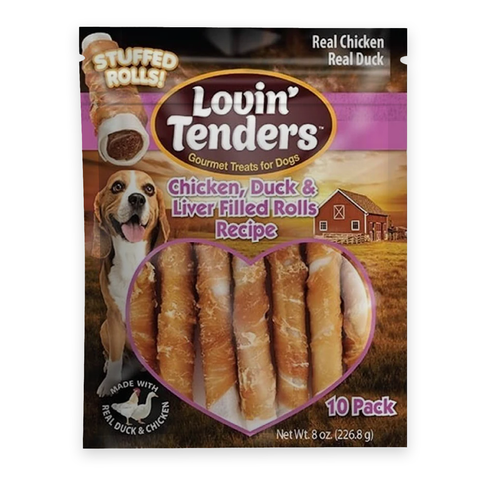 A package of Lovin Tenders Stuffed Rolls dog treats, featuring a 10-pack of chicken and duck flavored rolls. The packaging displays a beagle dog, a red barn, and a heart-shaped window showing the golden-brown stuffed rolls inside.