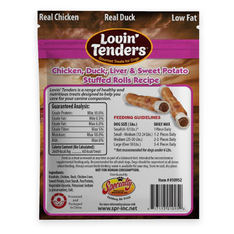 Back of a Lovin Tenders dog treat pouch showing product branding, flavor text, ingredient panel, feeding guidelines, and a barcode on a plain white background.