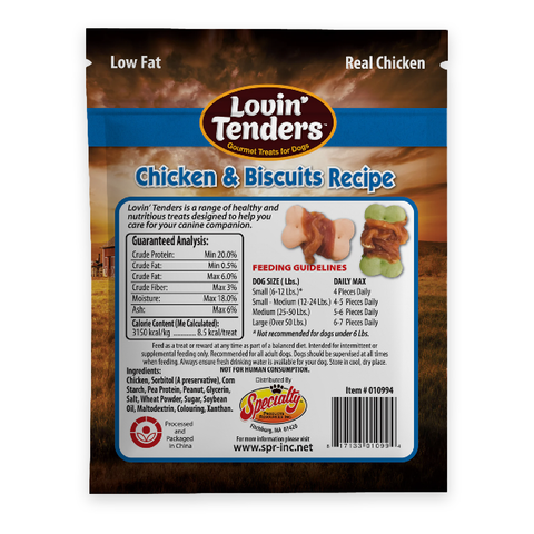 Back side of a Louin' Tenders Chicken & Biscuits Recipe dog food pouch, showing nutrition facts, feeding guidelines, ingredients, and a barcode on a brown and blue package.
