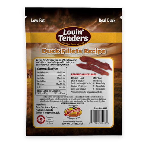 Back of a lovin Tenders Duck Fillets Recipe dog treat pouch, showing product information, feeding guidelines, ingredients, and a barcode on a brown and yellow package.