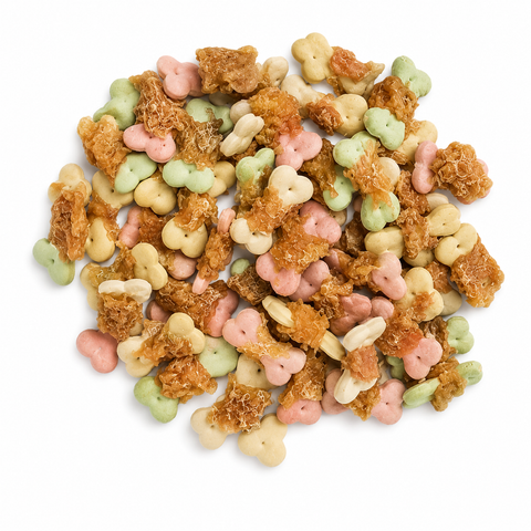 A pile of multicolored dog treats, including bone-shaped pieces, chewy pieces, and crumbly pieces in pink, green, yellow, and brown, photographed on a white background.