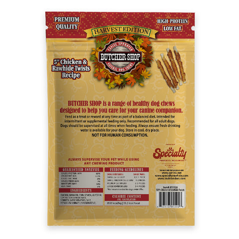 Back view of a Butcher Shop Harvest Edition dog chew bag by Specialty, showing product details, ingredients, and a barcode on a beige package with red and gold accents.