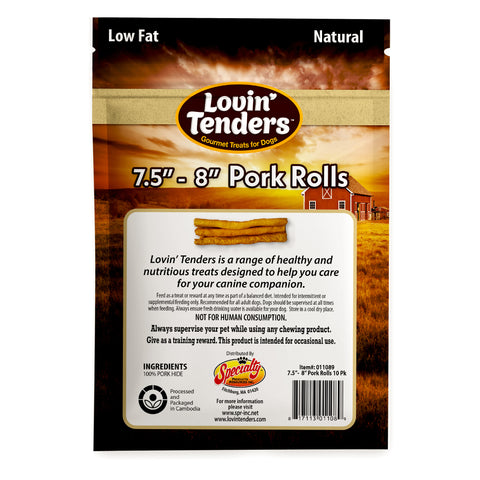 Back of a Lovin Tenders dog treat package, showing product name '7.5" - 8" Pork Rolls,' canine-friendly text, ingredients, and a red barn on a warm brown/orange background.