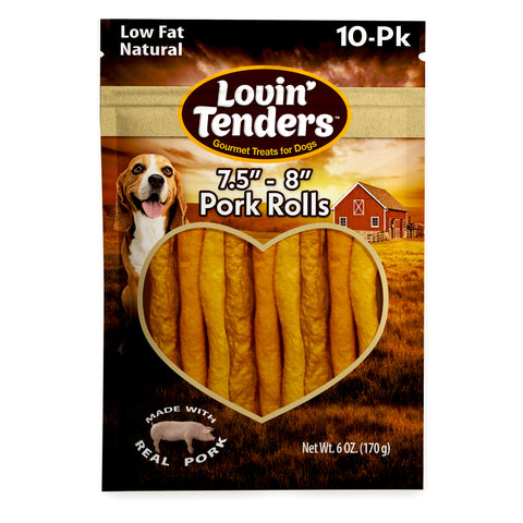 A 10-pack bag of Lovin' Tenders 7.5" - 8" Pork Rolls dog treats, featuring a heart-shaped window showing the golden-brown rolled treats inside, with a beagle and a red barn on the packaging.