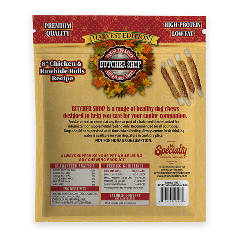 Back of a package of Butcher Shop Harvest Edition dog chews, showing the product name, ingredients, feeding guidelines, and a barcode on a beige and red bag.