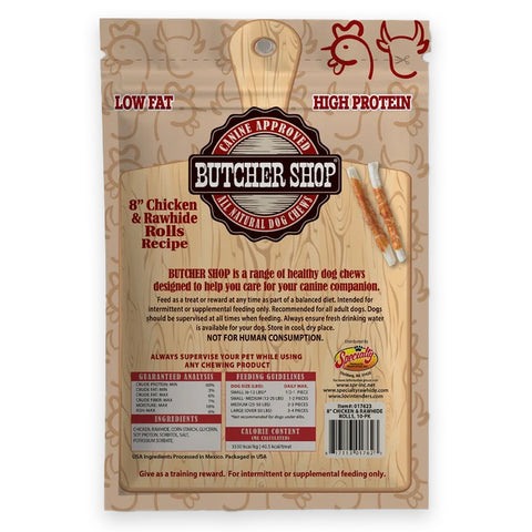 A bag of Butcher Shop Natural Dog Chow dry dog food, 8-inch Chicken and Rawhide Rolls recipe. The packaging is a light brown kraft paper style with red and black text, featuring illustrations of a dog and a cow, and a graphic of a dog chew.