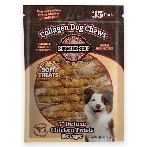 A 35-pack bag of Butcher Shop Collagen Dog Chews, specifically the 5" Deluxe Chicken Twists Recipe. The packaging is brown and beige with a photo of a brown and white dog on the front, alongside an image of the chew treats inside.