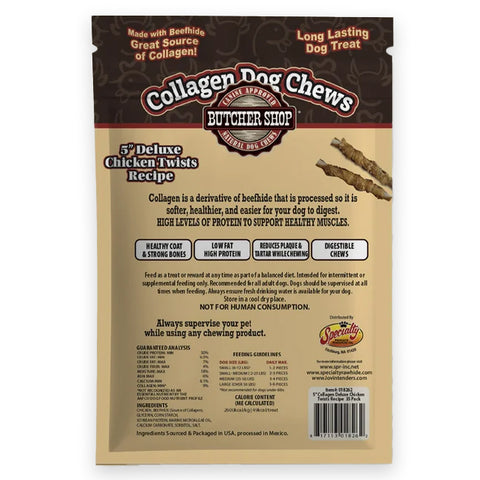 Back view of a Butcher Shop Collagen Dog Chews bag, showing the product name, ingredients, nutritional facts, and a small photo of the chicken twist treats on a tan and brown package.