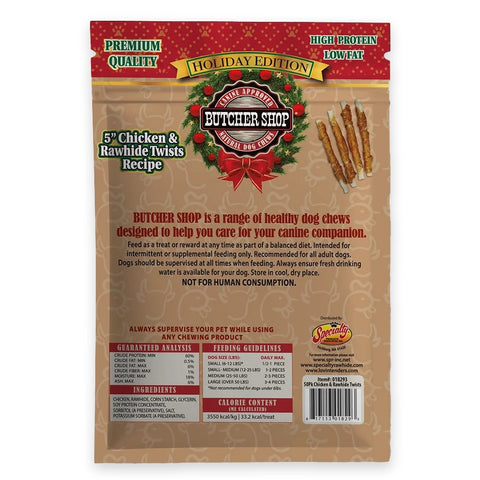 Back of a Butcher Shop Holiday Edition dog chew bag, featuring a kraft paper design with red holiday banners, product description, ingredients table, and a barcode.