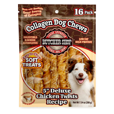 A 16-pack bag of Butcher Shop Collagen Dog Chews, specifically 5" Deluxe Chicken Twists. The packaging features a brown and beige design with a photo of a smiling Australian Shepherd on the front, alongside illustrations of the twisted chews.