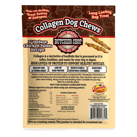 Back of a Collagen Dog Chews pouch by Butler Shop, featuring a beige and brown design with product details, ingredients, and a small photo of a chicken twist treat.