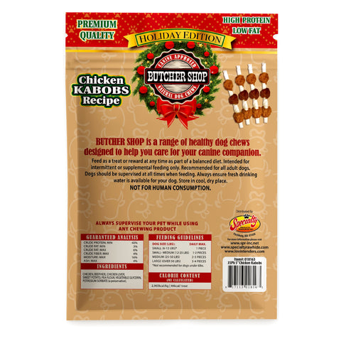 Back of a Butcher Shop Premium Quality Holiday Edition Chicken Kabobs Recipe dog chew bag, showing product details, ingredients, and a barcode on a beige background.
