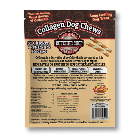 Back view of a bag of Butcher Shop Collagen Dog Chews, featuring a dark brown and beige design with product details, ingredients, and a barcode.