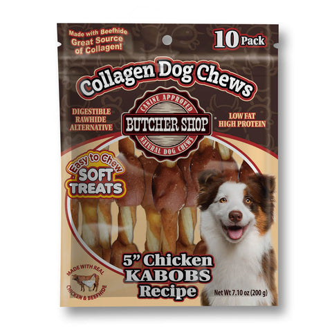 A 10-pack bag of Butcher Shop Collagen Dog Chews, 5-inch chicken kabobs recipe. The packaging features a brown and beige design with a photo of a happy dog on the front, showing the soft, cylindrical dog treats inside through a clear window.