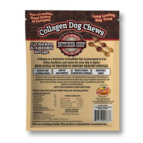 Back view of a Butcher Shop Collagen Dog Chews bag, featuring a brown and beige design with product details, ingredients, and a barcode.