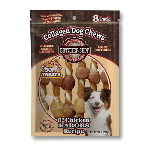 A 8-pack bag of Buttcher Shop Collagen Dog Chews in the Chicken Kabobs Recipe. The packaging is brown and beige with a graphic showing the chew treats and a smiling dog, set against a plain white background.