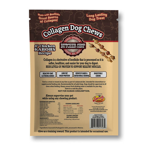 Back of a package of Butcher Shop Collagen Dog Chews, 8% Chicken Kabobs Recipe, showing product details, ingredients, and nutrition facts on a white background.
