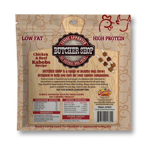 Back of a Butcher Shop dog chew snack bag, featuring product information, ingredients, and a photo of the brown dog treats on a beige background.