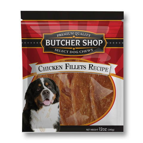 A 12 oz bag of Butcher Shop Select Dog Chews, Chicken Fillets Recipe, featuring a red and black plaid design, a Bernese Mountain Dog illustration, and a clear window showing the chew sticks inside.