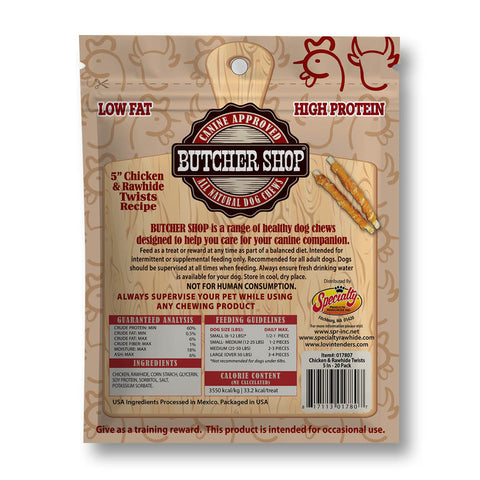 Back of a bag of Butcher Shop Natural Dog Chews, showing product details, ingredients, feeding guidelines, and a small image of two dog chews on a tan background.