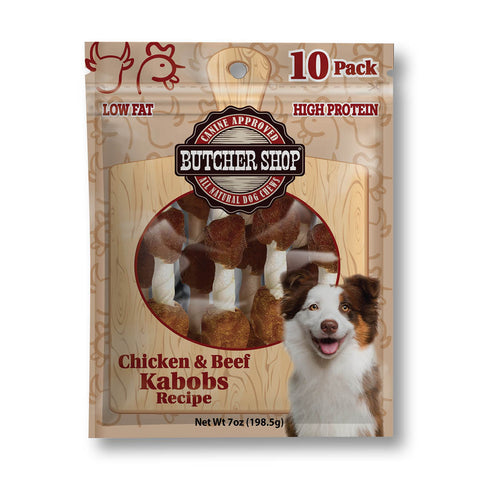 A 10-pack bag of Butcher Shop Chicken & Beef Kabobs Recipe dog treats, featuring a brown and white dog on the front of the packaging.