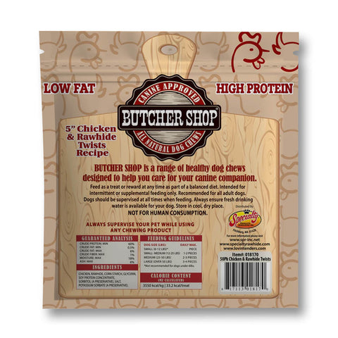 Back of a Butcher Shop brand dog chew bag, showing product information, ingredients, and a barcode on a beige background with red and black text.