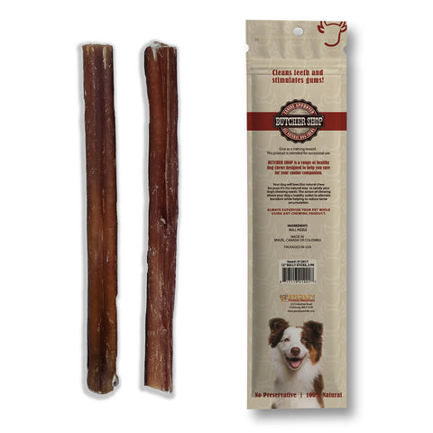 Two natural dog chew sticks shown next to their packaging on a plain white background. The packaging is beige with red and black text and features a picture of a happy dog at the bottom.