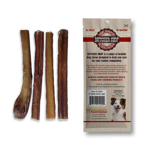Four natural bully stick dog treats displayed next to their retail packaging from Butcher Shop on a plain white background.
