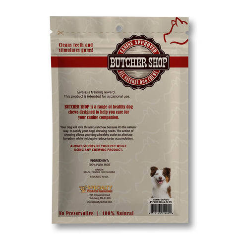 Back view of a Beef Appared By Butcher Shop natural dog chew pouch, showing product details, ingredients, and a small dog photo on a beige background.
