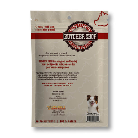 Back view of a dog chew product pouch from Butcher Shop, showing text about training reward and ingredients, with a small dog photo and barcode on a beige background.