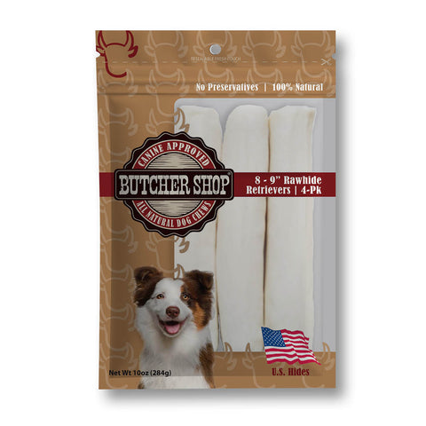 A package of butcher shop rawhide dog treats, featuring a brown and beige stand-up pouch with a dog illustration, a butcher shop logo, and a clear window showing four off-white rawhide retriever sticks.