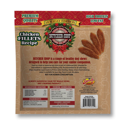 Back packaging of a Butcher Shop Holiday Edition Chicken Fillette Recipe dog chew treat pouch, featuring product details, ingredients, and a photo of the brown chicken-flavored treats on a beige background.