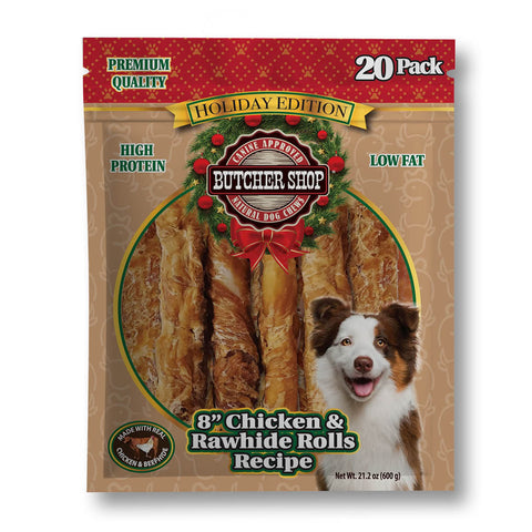 A 20-pack bag of Grade Approved Butcher Shop Holiday Edition 8-inch chicken and rawhide rolls dog treats, featuring a brown package with red holiday accents, a dog illustration, and product details.
