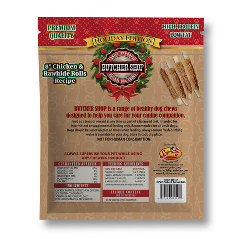 Back of a Butcher Shop dog chew bag, Holiday Edition, showing product information, ingredients, nutrition facts, and a photo of chicken and rawhide rolls on a brown background.