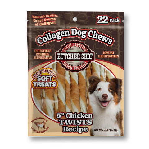 A 22-pack bag of Butcher Shop Collagen Dog Chews, specifically the 5-inch Chicken Twists Recipe. The packaging is brown and beige with a photo of a happy Border Collie on the front, showing the dog treats inside through a clear window.