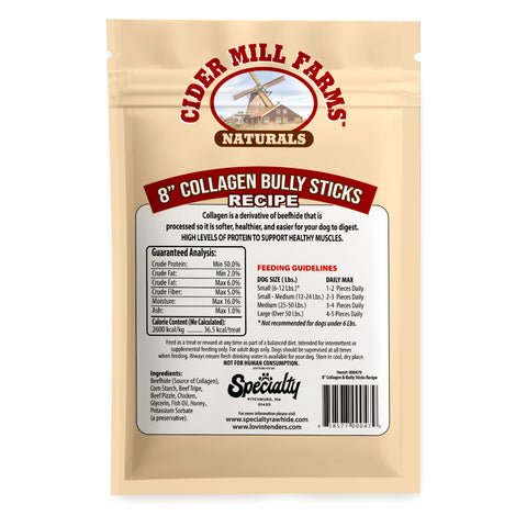 A beige stand-up pouch of Cider Mill Farms Naturals 8-inch Collagen Bully Sticks Recipe dog supplements, featuring a detailed white and red label with feeding guidelines and ingredients.