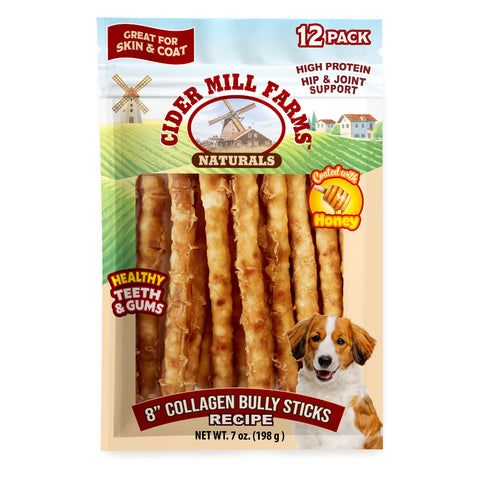 Cider Mill Farms Naturals 8" Collagen Bully Sticks Recipe in a 12-pack bag. The packaging features a green and blue landscape design with a windmill, a picture of a dog, and a clear window showing the golden-brown collagen bully sticks inside.
