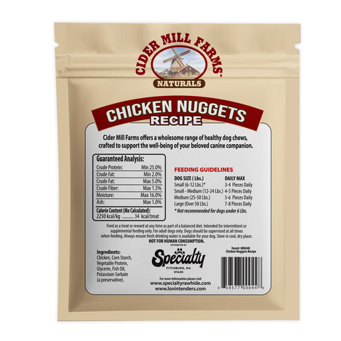 Back view of a Cider Mill Farms Naturals Chicken Nuggets Recipe dog chew pouch, showing product details, feeding guidelines, and ingredients on a beige stand against a white background.