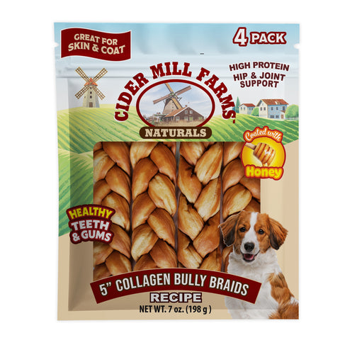 Cider Mill Farms Naturals 5 inch collagen bully braids for dogs, 4-pack in a clear windowed bag with a dog illustration on the front.