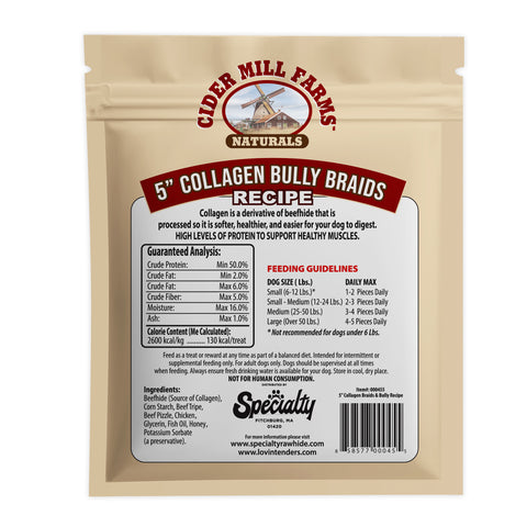 A 5-inch Collagen Bully Brades recipe bag by Cider Mill Farms Naturals, featuring a beige stand-up pouch with a large white label detailing product information, ingredients, and feeding guidelines.