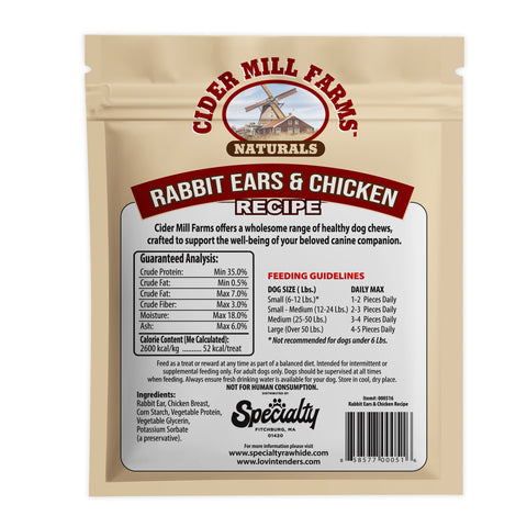 Back view of a 12 oz bag of Cider Mill Farms Naturals Rabbit Ears & Chicken Recipe dog chews, showing the product label, ingredients, and feeding guidelines on a beige stand.