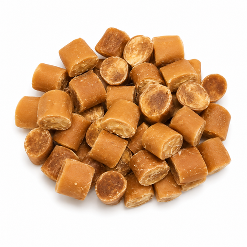 A pile of small cylindrical brown dog food pieces, some cut in half to show the textured center, arranged on a plain white background.