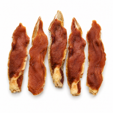 Five dried strips of reddish-brown food, likely jerky or cured meat slices, arranged vertically on a plain white background.