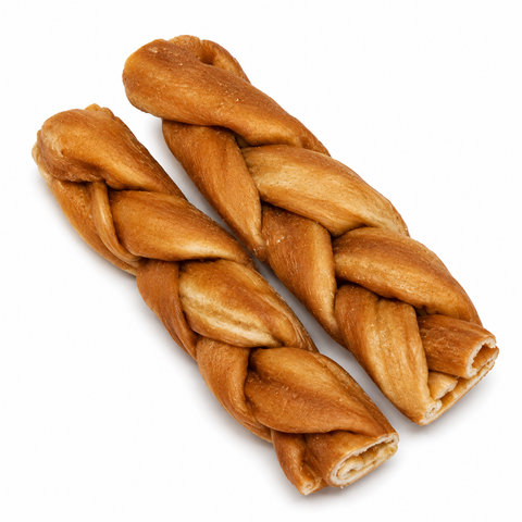 Two braided, twisted bread sticks with a golden-brown baked crust, isolated on a white background.