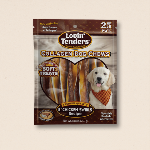 Lovin Tenders Collagen Dog Chews 5" Chicken Basted Twisted ROLLS Recipe 25-Pack