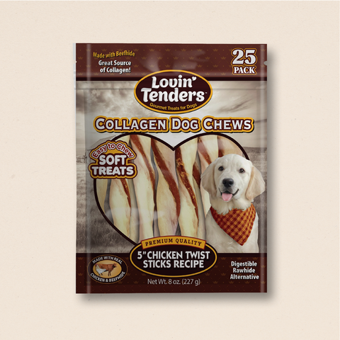 Lovin Tenders Collagen Dog Chews 5" Chicken Twisted ROLLS Recipe 25-Pack
